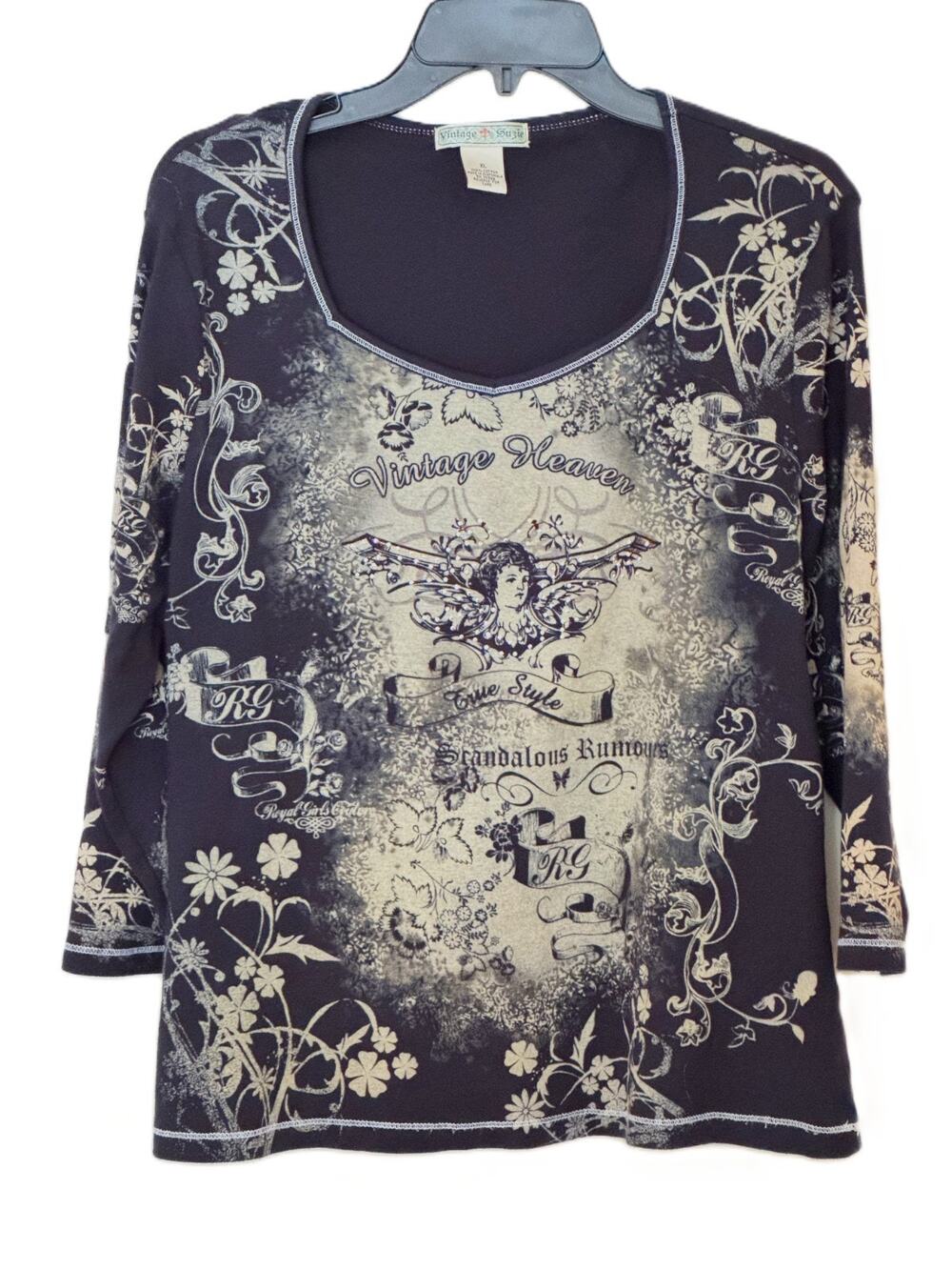 Vintage Suzie Y2K Grunge Fairy Angel Graphic Top XL Long Sleeve Black